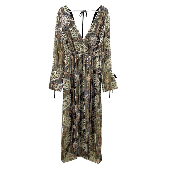 TOPSHOP Floral Velvet 70s Style Front Slits Midi Dress in Gold New with Tag - Picture 3 of 12
